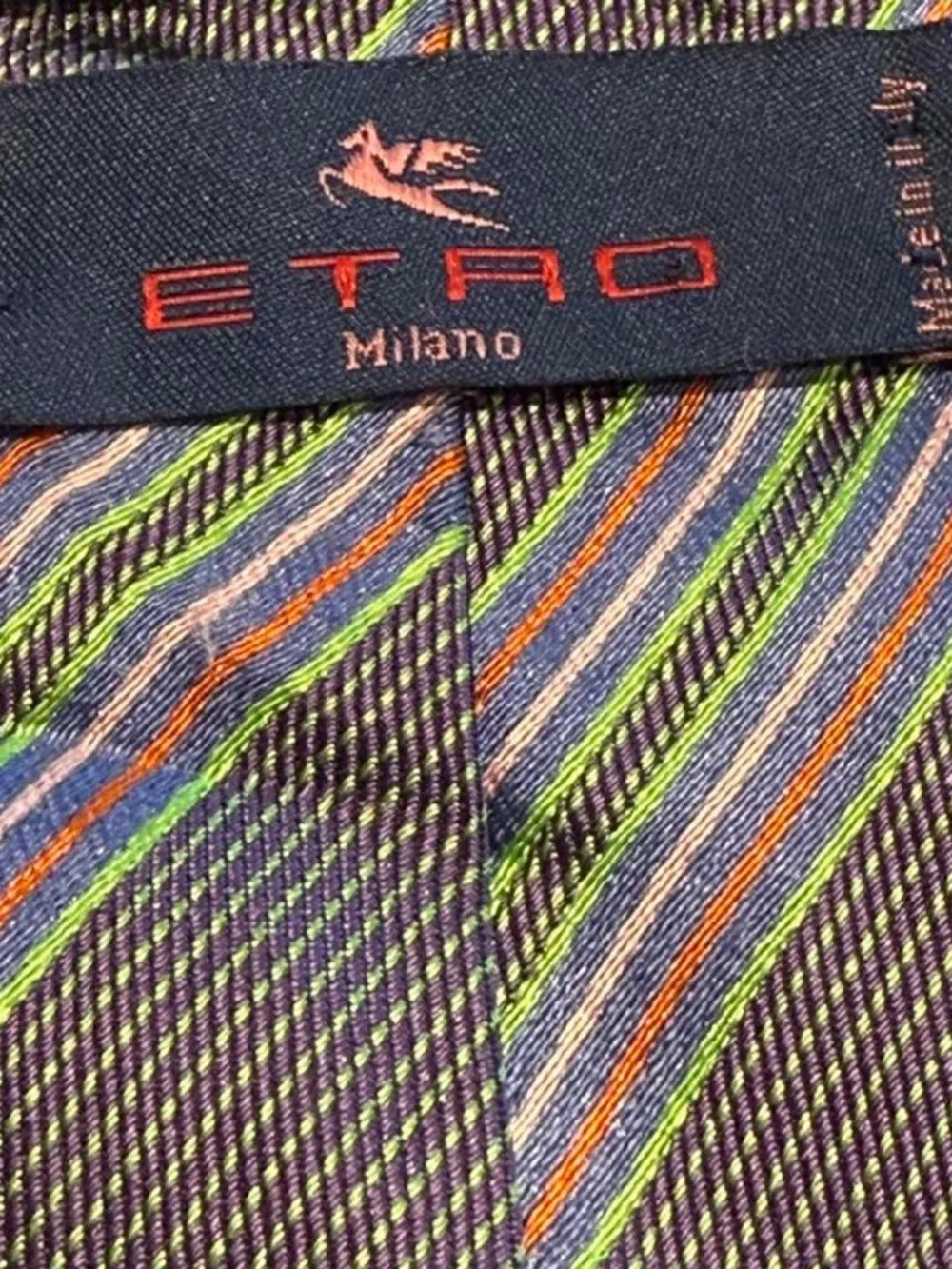 Etro Silk Tie Blue Green Orange White Diagonal Stripes